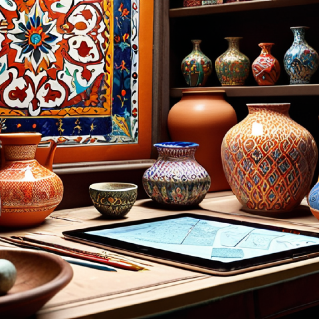 **Image Prompt:** A vibrant workspace filled with traditional Turkish crafts (e.g., İznik pottery, Ebru marbling) subtly integrated with modern technology like tablets and laptops. The scene should convey a balance between preserving cultural heritage and embracing digital tools for creative expression. Focus on warm, inviting lighting and a sense of focused creativity.