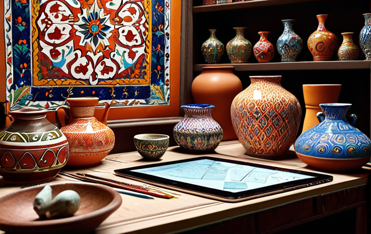 **Image Prompt:** A vibrant workspace filled with traditional Turkish crafts (e.g., İznik pottery, Ebru marbling) subtly integrated with modern technology like tablets and laptops. The scene should convey a balance between preserving cultural heritage and embracing digital tools for creative expression. Focus on warm, inviting lighting and a sense of focused creativity.