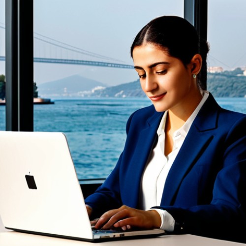 **

"A successful businesswoman in a modern, bright office setting in Istanbul, fully clothed in a stylish, modest business suit, working on a laptop. The background shows a glimpse of the Bosphorus. Professional lighting, perfect anatomy, natural proportions, well-formed hands, proper finger count, safe for work, appropriate content, professional, modest."

**